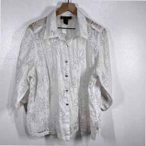 Mirasol‎ 1X White Linen Blend Floral Burnout 3/4 Sleeve Button Down Shirt Blouse